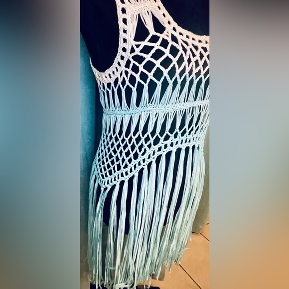 VENUS Macrame Top Size MED Fringe Teal Blue Dipped Top Swimsuit Cover Up - Picture 4 of 14